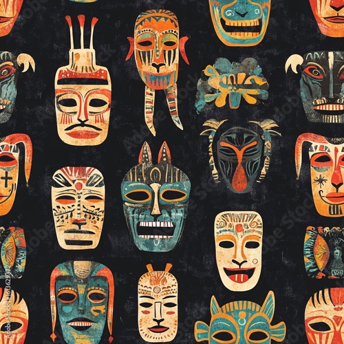 Ethereal Tribal Masks and Symbols Seamless Pattern Background