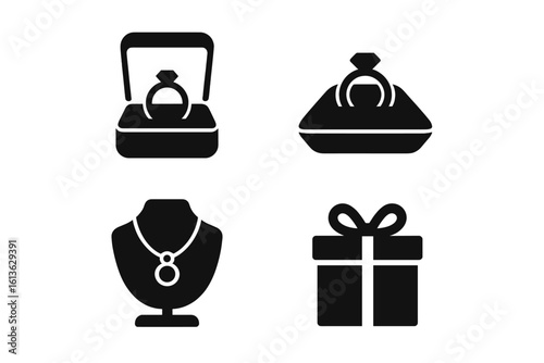 Jewelry icon set. Solid glyph vector icons of jewelry display and packaging. Diamond ring in box, necklace on mannequin bust, gift box. Luxury, engagement concept.
