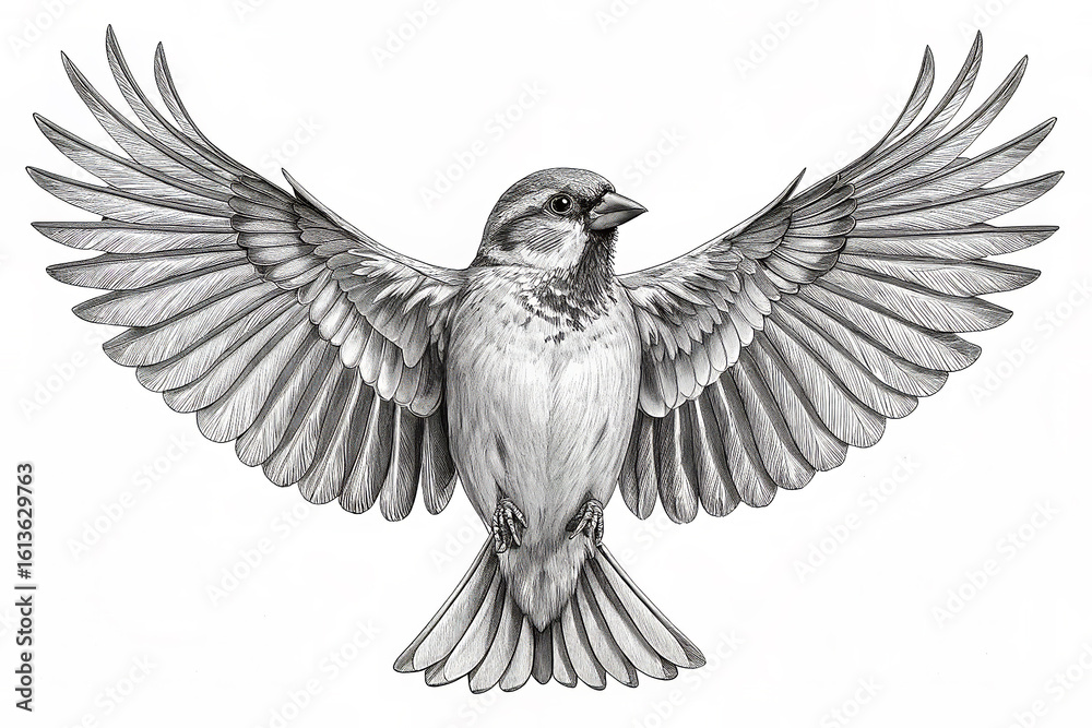 Naklejka premium A Stunning Black and White Tattoo Sketch of a Majestic Sparrow with Outstretched Wings, Showcasing Intricate Feather Details and the Graceful Posture of the Bird in Flight