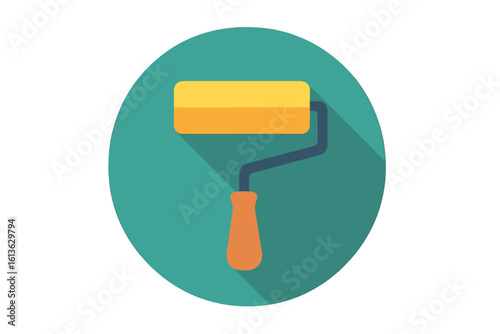 Paint roller icon for home renovation and decoration. DIY repair tool for painting walls. Simple flat design graphic with long shadow. Worker equipment and construction symbol.