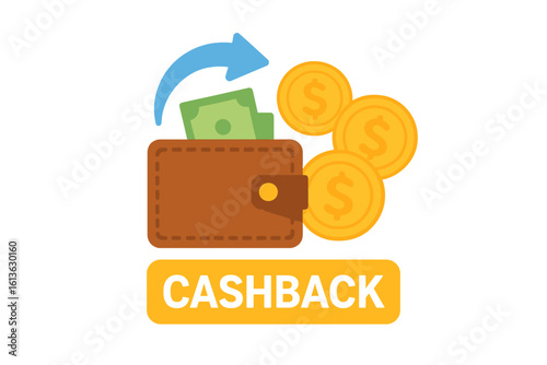 Cash back service vector icon. Saving money concept with wallet, coins, and dollar bills. Money refund label for online shopping partner program and financial economy.