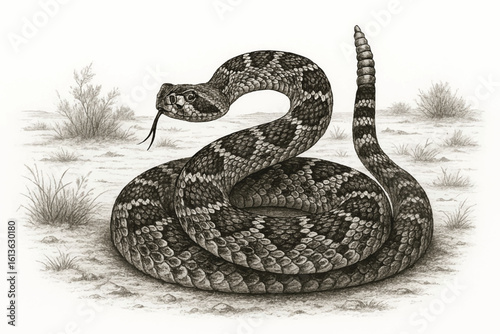 Intricate black and white illustration of a rattlesnake with its tail raised, set against a desert background.