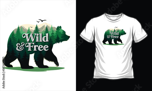 Wild & Free Bear T-Shirt – Forest Nature Double Exposure, Adventure, Outdoor Hiking, Wildlife Lover Apparel