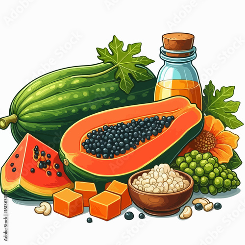 Vibrant visual display of different papaya parts, including slices, seeds, and leaves, along with other tropical elements.