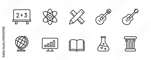 Set of ten line icons for education and knowledge in monochrome style