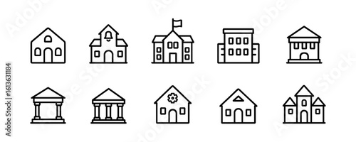 Collection of black and white line icons depicting various architectural buildings