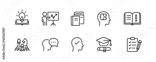 Set of black and white line icons for education and intellectual activities