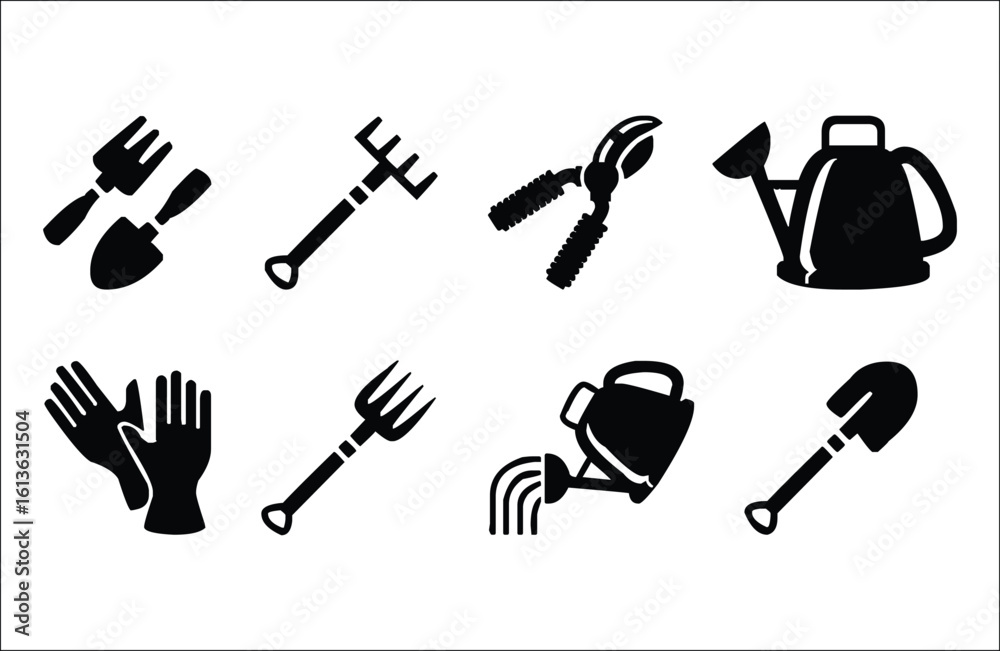 Fototapeta premium Garden tools icons set – silhouette, simple gardening and landscaping symbols
