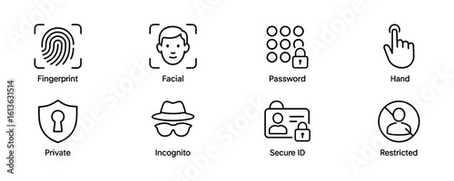 Set of black line icons for security and privacy concepts
