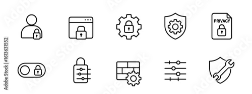 Set of security and privacy line icons with padlock, gear, and shield symbols