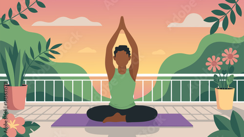 Minimalist Vector SVG Illustration of a Woman Practicing Yoga in Nature Flat Design Style with Green Plants and Sunset Colors