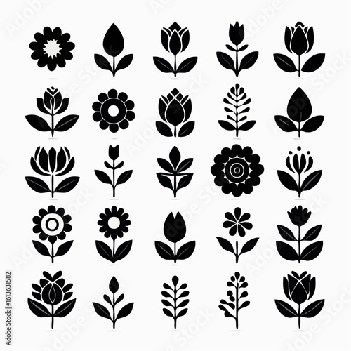 A curated collection of black stylized flower and plant icons. Simple flat vector silhouettes of abstract tulips, roses, and wildflowers.