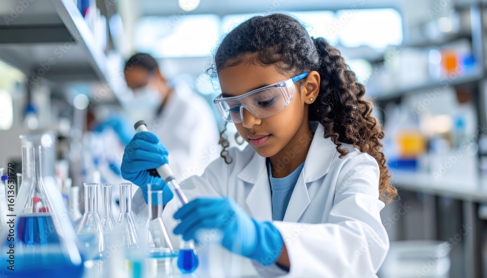A young girl in a lab coat and safety glasses conducts an experiment in a science laboratory using a pipette and flasks. A young girl in a lab coat and safety glasses conducts an experiment in a science laboratory using a pipette and flasks.