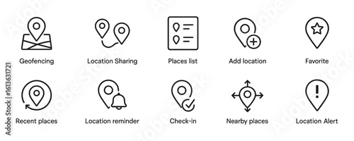 Set of black and white line icons for location services