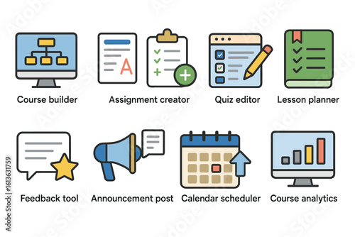 Set of educational course management tools icons in flat design
