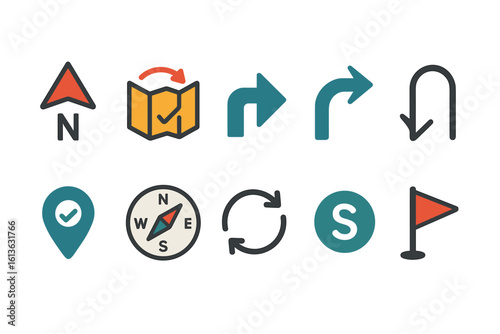 Set of colorful navigation icons for map directions and waypoints