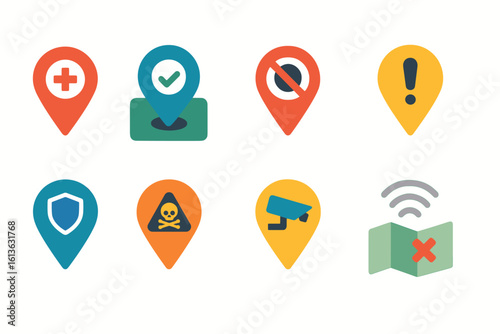 Set of flat location marker icons with various symbols for health, security, alerts, and restrictions