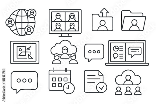 Set of 12 line art icons for digital communication and collaboration