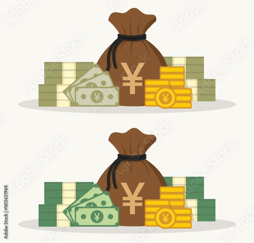 Flat vector cartoon illustration of yen money bag, green stacks of notes with gold coins, ideal for Japanese finance, savings, and economy-related creative projects