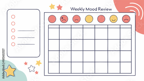 Creative weekly mood tracker with diverse facial expressions and a checklist for personal reflection and emotional well being