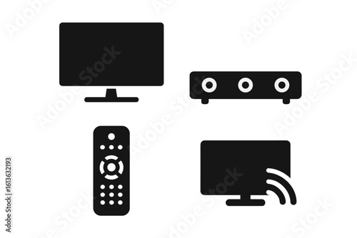 Home entertainment solid icon set. Vector glyph symbols for television, soundbar, remote control, and smart TV streaming. Media player and home cinema technology icons.