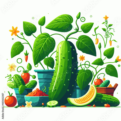 Decorative illustration showcasing various fresh cucumbers, tomatoes, peppers, and flowers arranged in pots, presented in a vibrant and stylized manner.