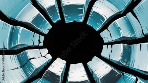 Shattered turquoise ice shards recede and rotate around central void