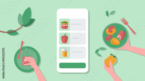 Minimalist Vector SVG Illustration of Food Selection with Plates and Hands in Flat Design Style Featuring Fresh Vegetables and Drinks in Green Color Palette