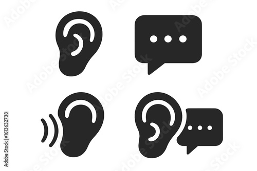 Active listening and communication skill icon set. Solid glyph vector of ear, hearing, speech bubble. For concepts like empathy, therapy, customer service, dialogue.