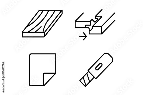 Laminate flooring installation icon set. Outline icons for floor renovation. Vector symbols of laminate plank, click-lock joint, underlayment pad, and utility knife.