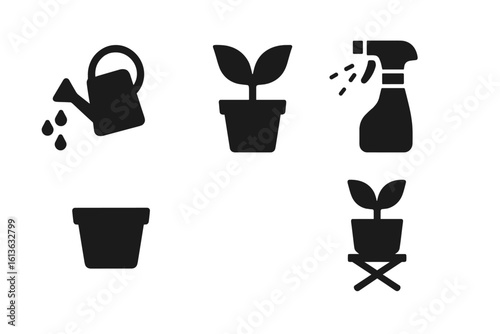 Indoor plant care solid icon set. Houseplant and gardening symbols. Vector glyph collection with watering can, flowerpot, spray bottle mister and plant on a stand.