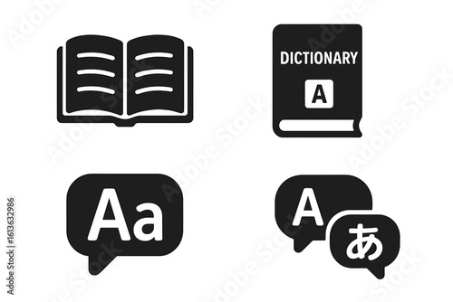 Language learning icon set. Translation and communication symbols. Dictionary, open book, and speech bubble glyphs. Foreign language education vector illustration.