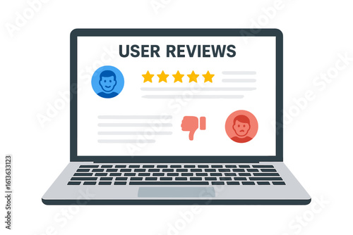 User reviews on laptop screen. Customer feedback and rating system with five stars for a good review and a thumbs down for a bad review. Online satisfaction survey concept vector.