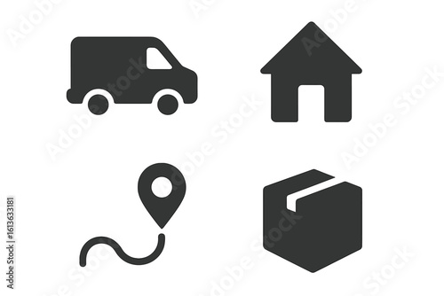 Last mile logistics solid icon set. Delivery service glyph symbols. E-commerce shipping concept with van, home address, package box, and map route pin vector illustration.