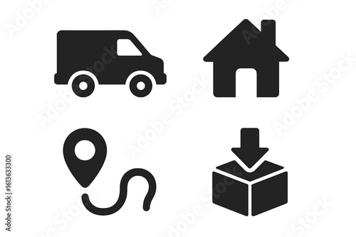 Last mile logistics solid icon set. Delivery service vector glyphs with van, house, route pin, and drop-off box. E-commerce shipping and fulfillment concept.