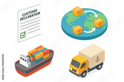 Global logistics and freight transportation icon set. Isometric vector icons of international shipping, delivery truck, cargo ship, customs form and world map for import export.