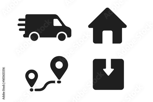 Last mile logistics solid glyph icon set. E-commerce delivery service with fast van, home address, gps route tracking, and package drop-off symbols. Vector graphic.
