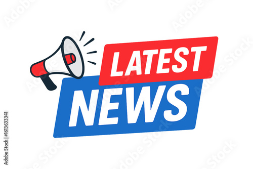 Latest news banner with megaphone. Breaking news announcement template with loudspeaker. Media alert graphic for promotion, advertising. Journalism vector illustration emblem.