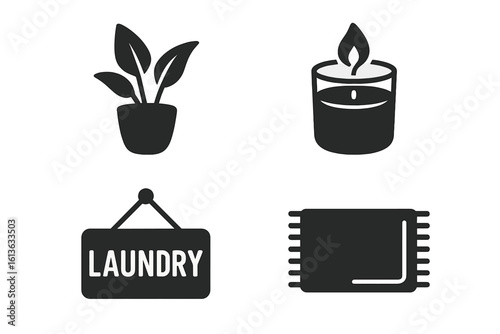 Laundry room icons solid glyph set. Vector illustration of home decor elements. Houseplant, scented candle, laundry sign, and rug for a cozy and clean atmosphere.