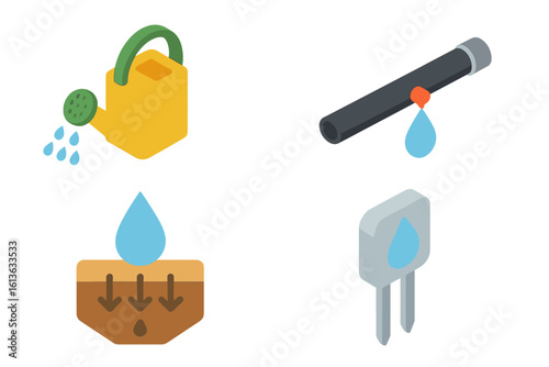 Irrigation tools isometric icon set. Vector symbols for watering can, drip system, soil moisture sensor, and water absorption. Farming and agriculture flat design element.