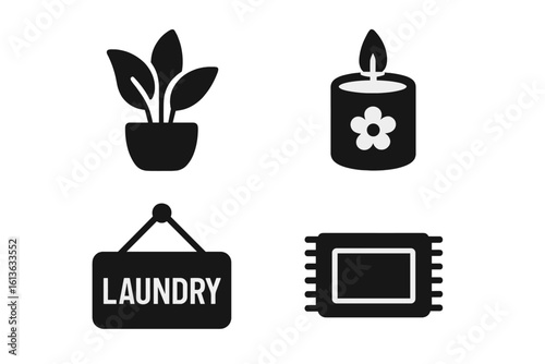 Laundry room decor and comfort solid icon set. Houseplant, scented candle, laundry sign, and small rug vector glyphs. Home interior cleaning symbols illustration.