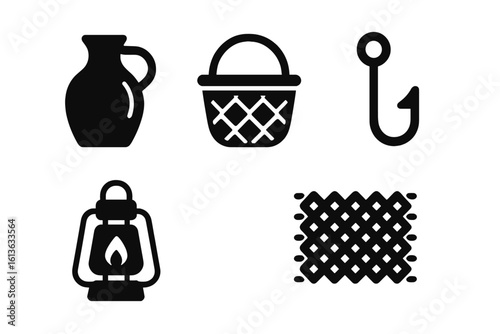 Island hut essentials vector icon set. Survival gear glyphs. Water jug, wicker basket, fishing hook, kerosene lamp and woven mat. Camping equipment symbols.