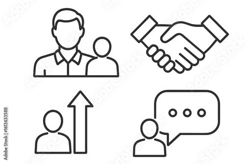Leadership and mentorship outline icon set. Business coaching, career growth, and guidance concepts. Vector icons for teamwork, support, communication, and development.