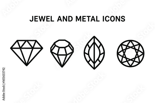 Jewelry outline icons set. Precious gemstone symbols for luxury design. Diamond, brilliant, round, and marquise cut gems. Elegant fashion vector logo elements for branding.