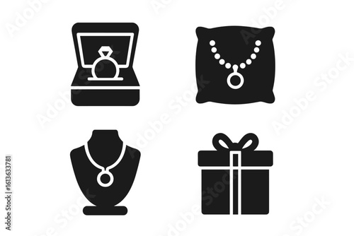 Jewelry Display Icons Vector Collection. Solid Filled Set Featuring Jewelry Box, Velvet Cushion, Necklace Display Stand, Gift Package. Jewelry Store Packaging, Presentation, Accessory Symbol Elements