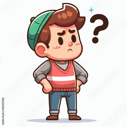Cartoon illustration of a boy wearing a teal hat, red vest, and blue jeans, displaying a questioning expression.  He is standing with his hands on his waist.