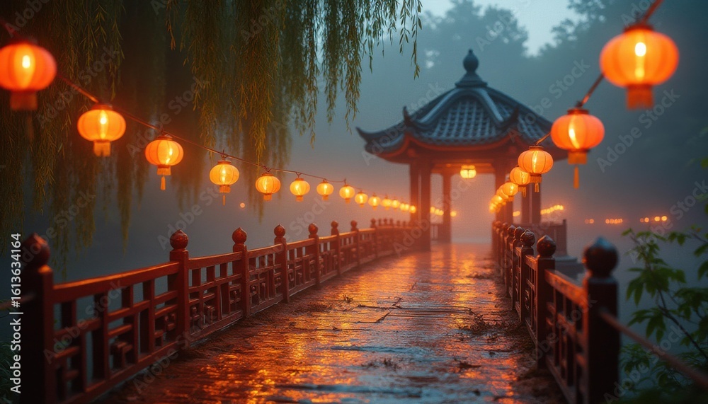 Obraz premium Serene wooden bridge adorned with orange lanterns at night