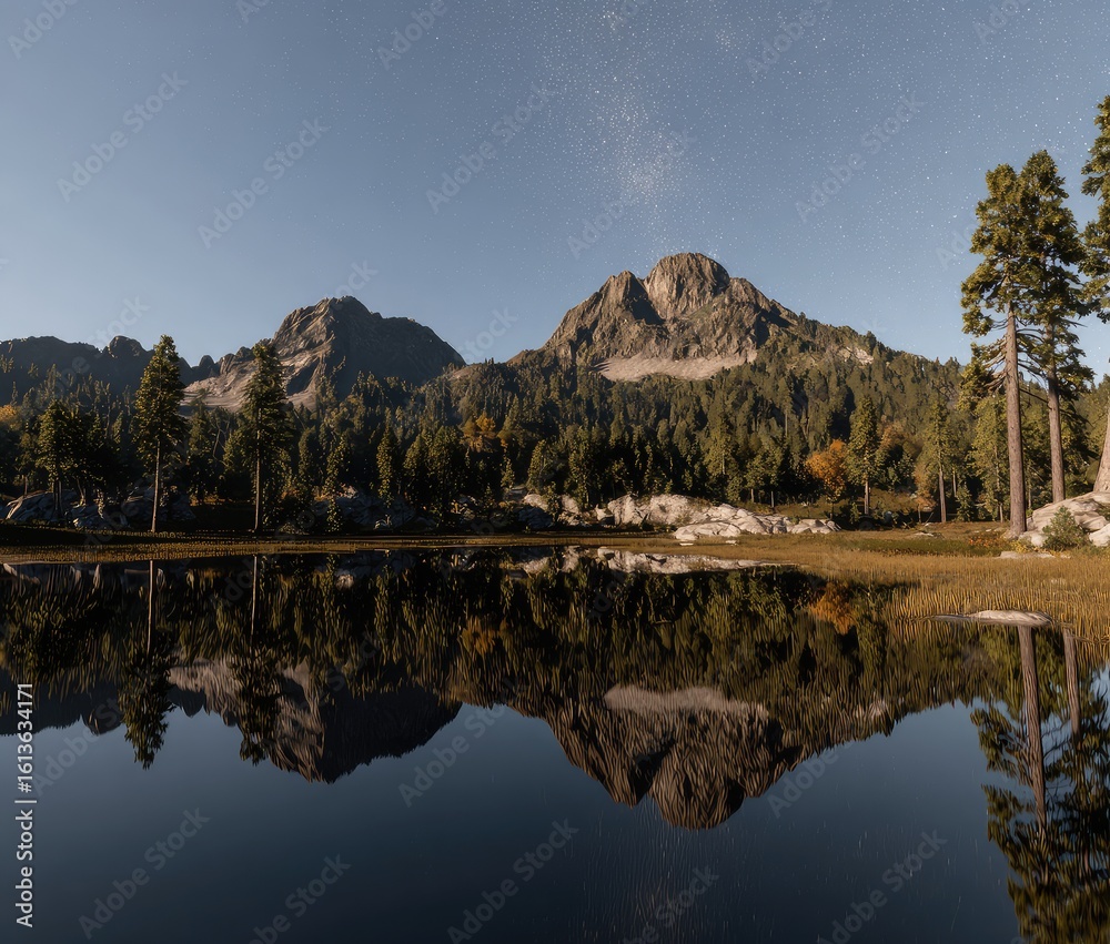 Obraz premium Mountain lake mirroring starry sky