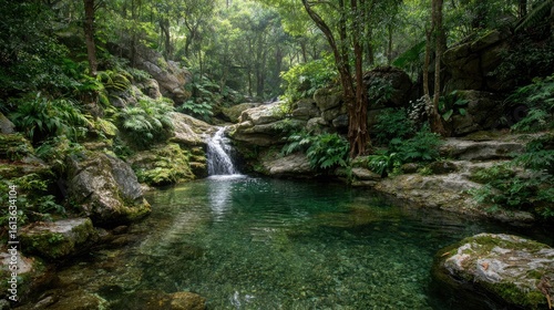 Tranquil mountain pool, lush waterfall