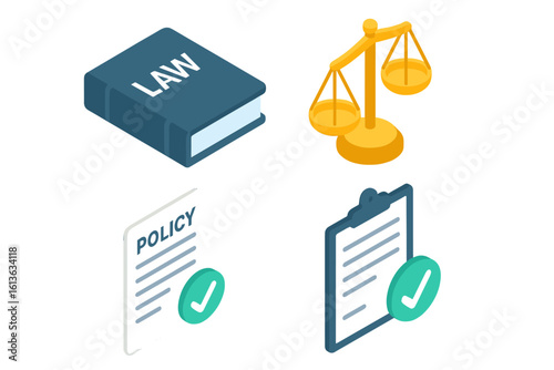 Legal compliance isometric icon set. Regulation, policy and law icons. Justice scales, law book, approved policy document and checklist for governance and ethics concept.